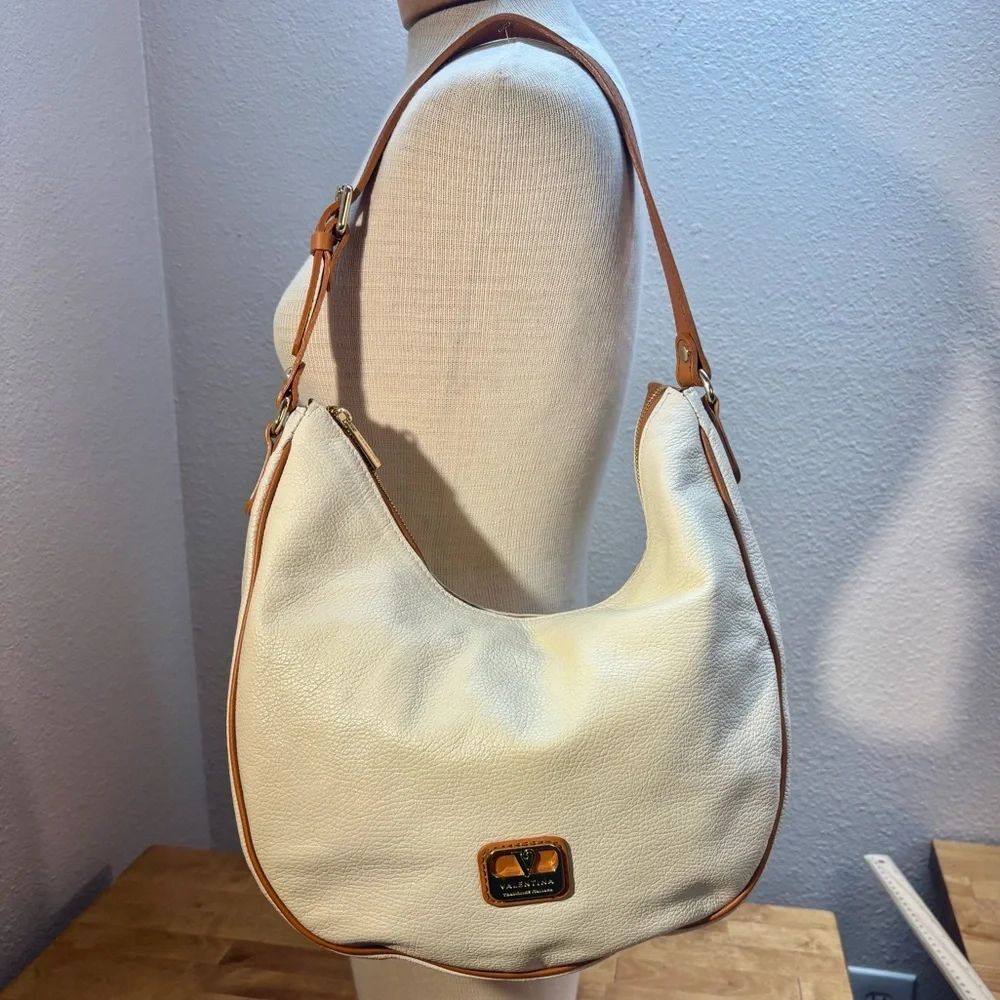 Valentina Italian Leather Hobo Bag Cream & Tan Shoulder Purse